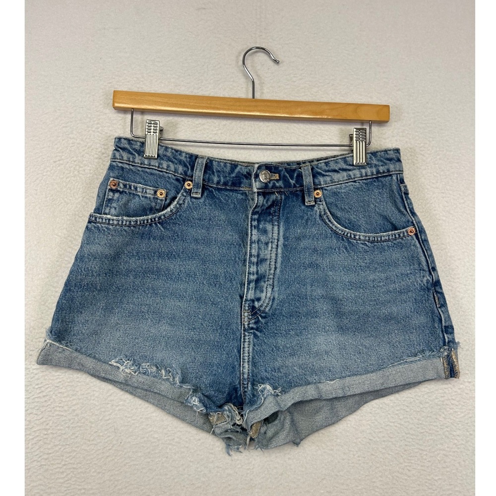 Retro Summer Zara Womens Size 6 Blue Denim High Waisted Cuffed Jean Mom Shorts